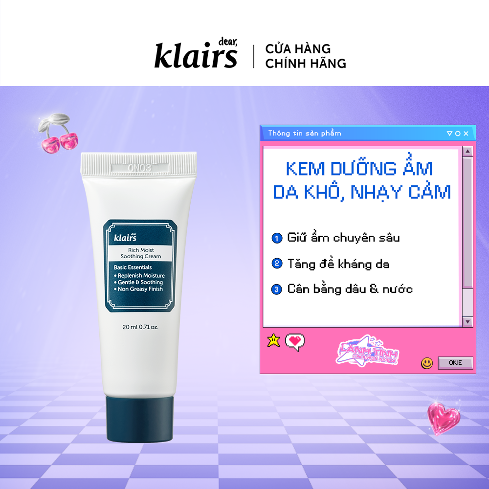 Combo Sữa rửa mặt Gentle Black Facial Cleanser 20ml+Kem dưỡng Rich Moist Soothing Cream 20g+Toner Klairs 30ml