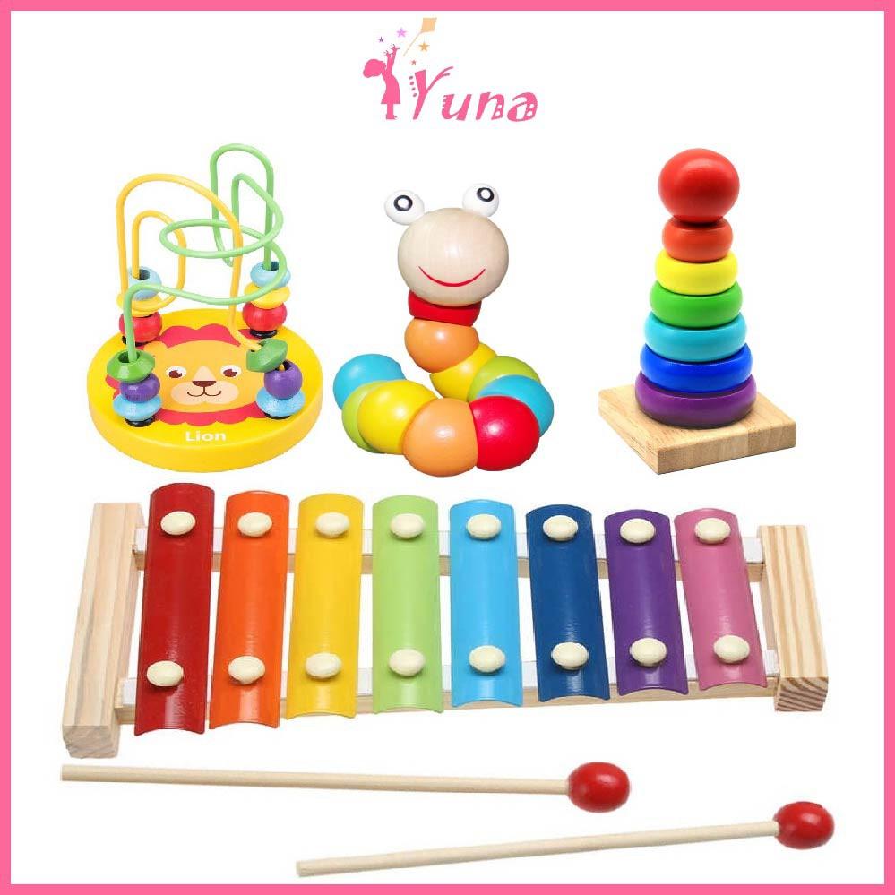 Combo 4.1 - 4 món đồ chơi gỗ tiết kiệm cho bé gồm sâu gỗ + đàn + tháp cầu vồng + luồn hạt + tangram + đồng hồ + xếp gạch