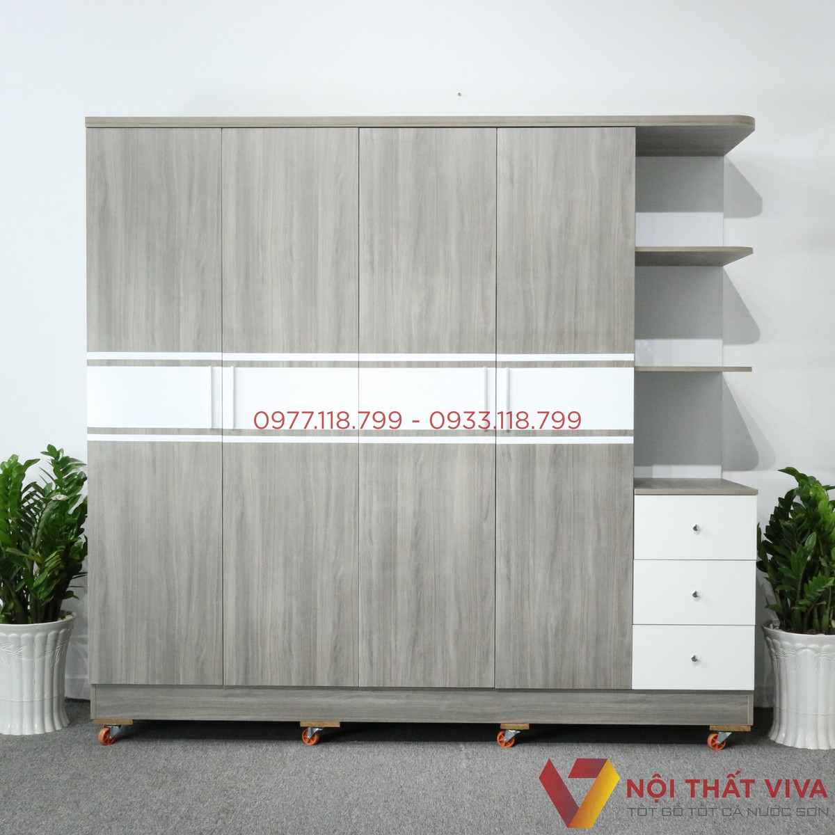 Tủ Quần Áo 4 Cánh Có Kệ Trang Trí Gỗ MDF Phủ Melamine Màu Sọc Xám Đẹp