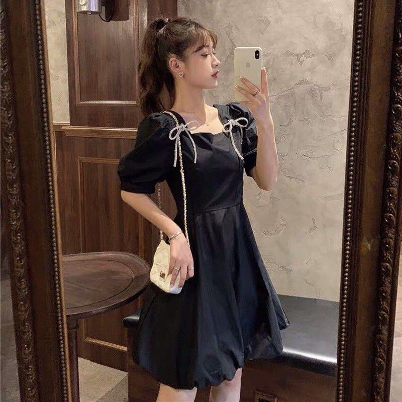 Đầm Nữ Vai Nơ Cổ Vuông Váy Nữ Cộc Tay Dáng Xòe 2 Màu Q027