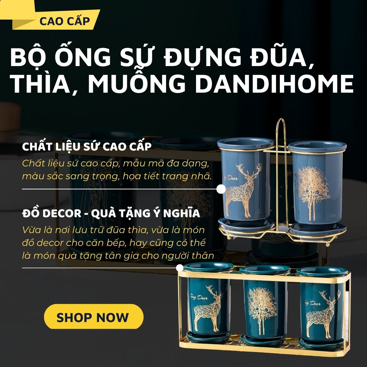 Hình ảnh Bộ ống sứ đựng đũa, thìa, muỗng DandiHome cao cấp kèm khung thép cao cấp