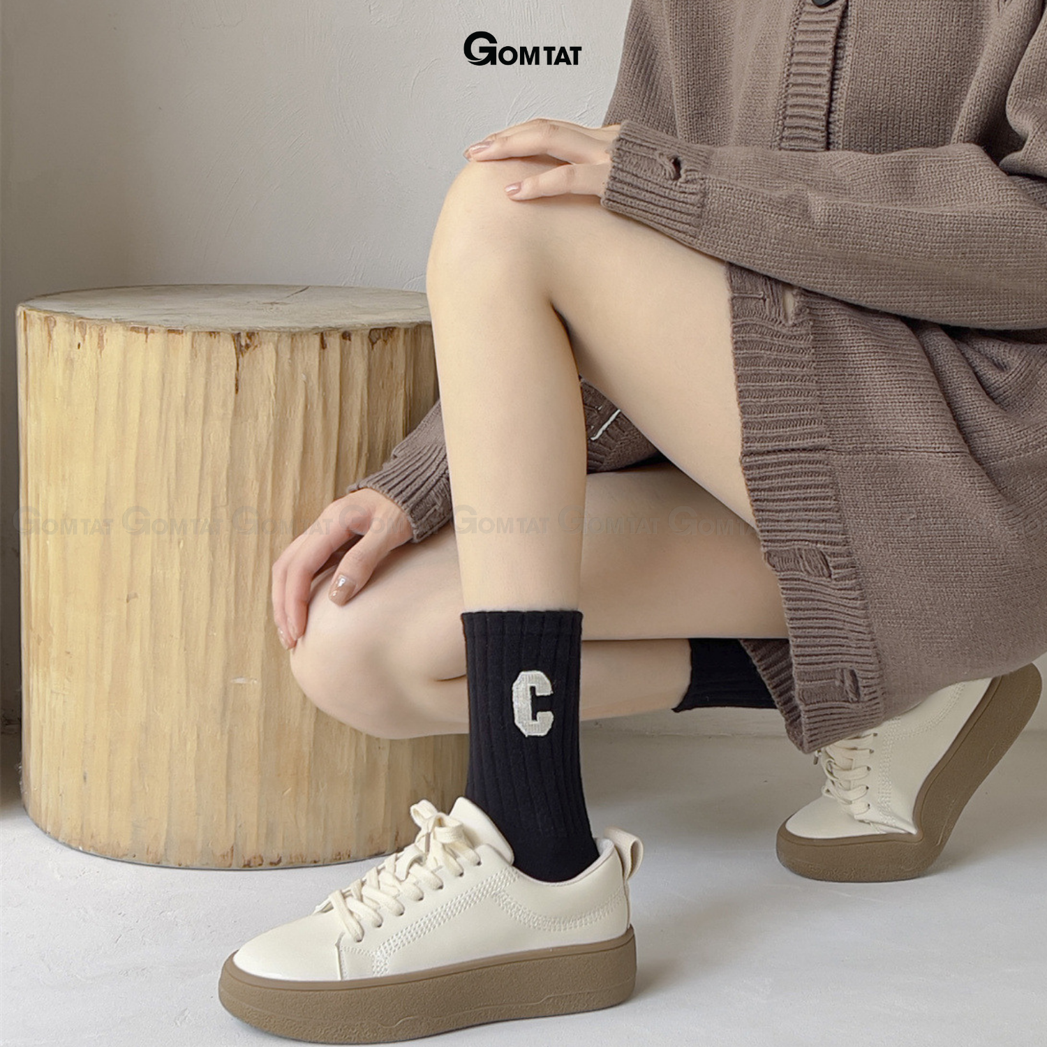 Tất vớ nữ cổ cao cao cấp GOMTAT mẫu chữ C, chất liệu cotton mềm mại, thấm hút, thoáng khí - PO-COCAO-C-3012-1DOI