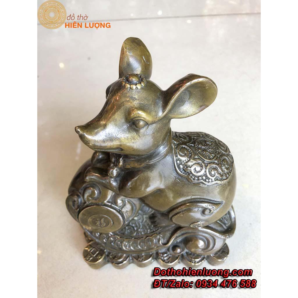 Tượng Linh Vật Chuột Ngồi Gậy Như Ý Bằng Đồng Màu giả Cổ