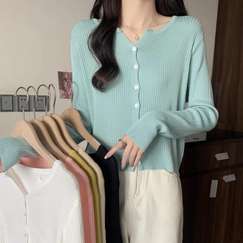 Áo khoác cardigan len nữ tay dài kiểu cổ V dệt kim len đũa xinh xắn phong cách Ulzzang hàng Quảng Châu cao cấp