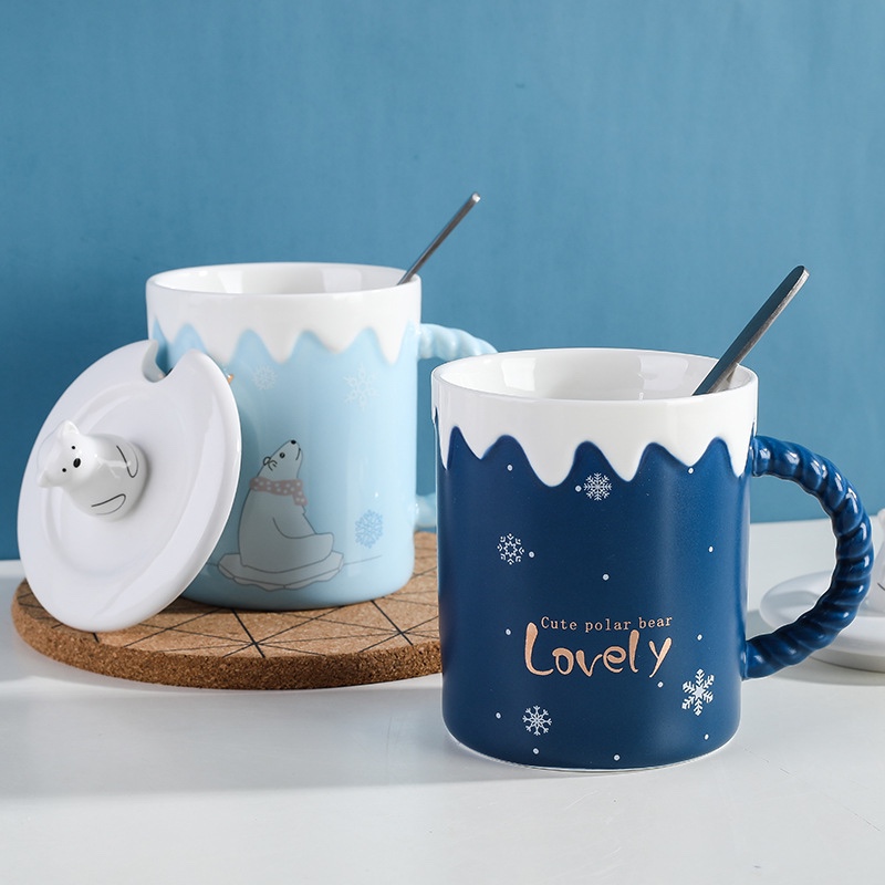 Ly sứ Noel kèm nắp sứ muỗng inox 370ml Xanh dương đậm