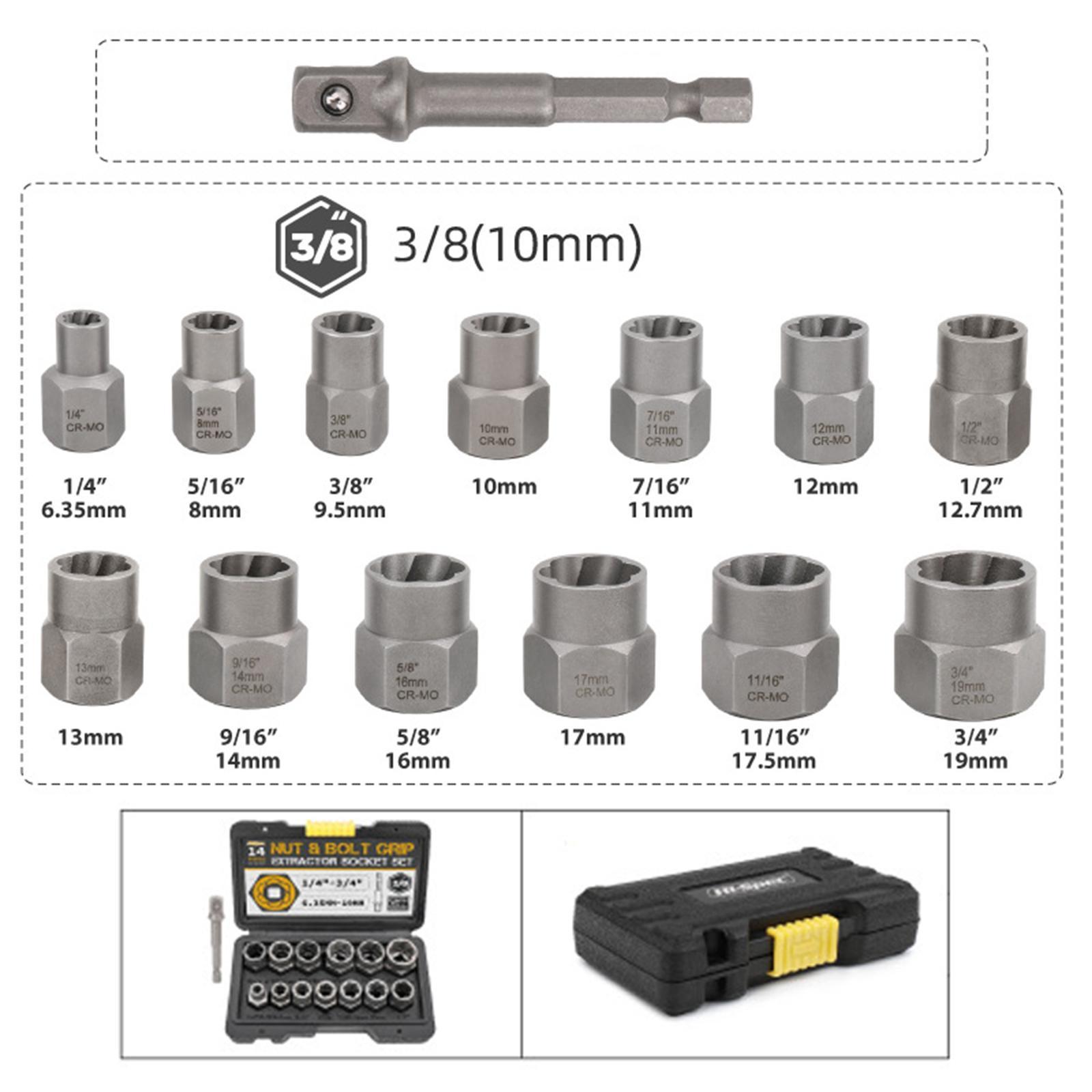 14Pcs Impact Bolt Nut Remover Kit Socket Tool Set Hand Tools 6.35mm - 19mm