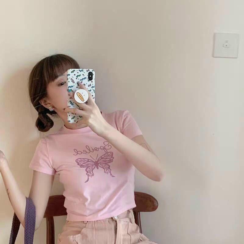 Áo thun croptop bươm bướm hồng