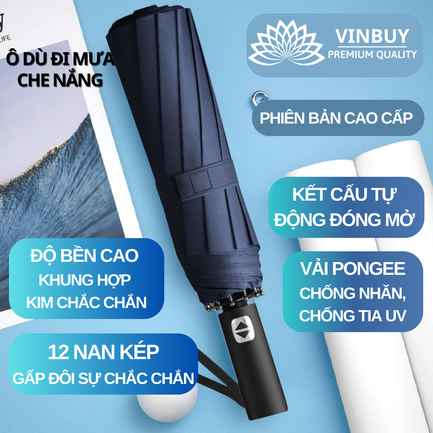 Hình ảnh Ô Dù Che Mưa Nắng Gấp Gọn 2 Chiều Vải Hai Lớp Chống Thấm Cao Cấp – Hàng Chính Hãng 