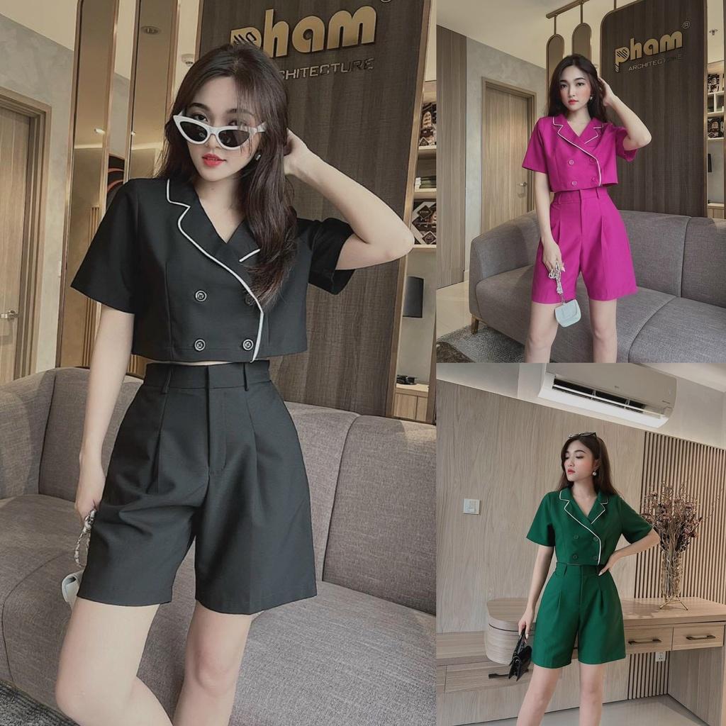 Sét bộ nữ áo vest croptop chỉ viền phối quần lửng màu sắc (Đen, Hồng, Xanh, Nâu) trẻ trung, sang chảnh