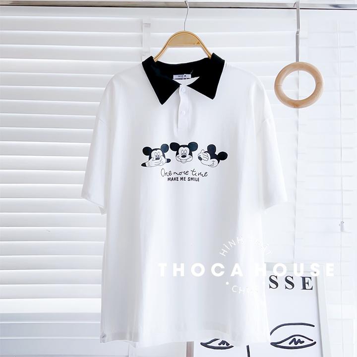 Áo thun polo phông rộng unisex in hình mickey THOCA HOUSE trắng, đen mặc đi làm, đi học