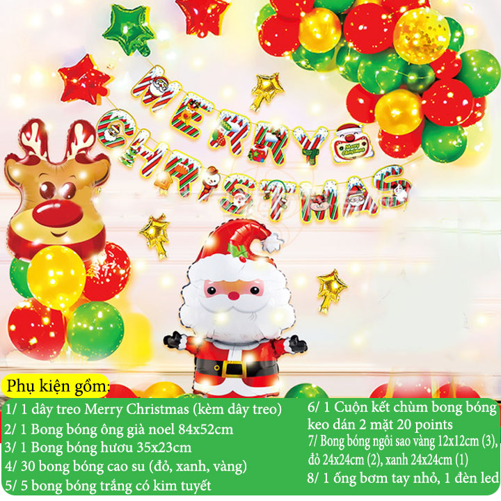 Bong bóng trang trí noel giáng sinh Merry christmas và ông già noel có đèn led - Tấm poster trang trí dịp giáng sinh noel