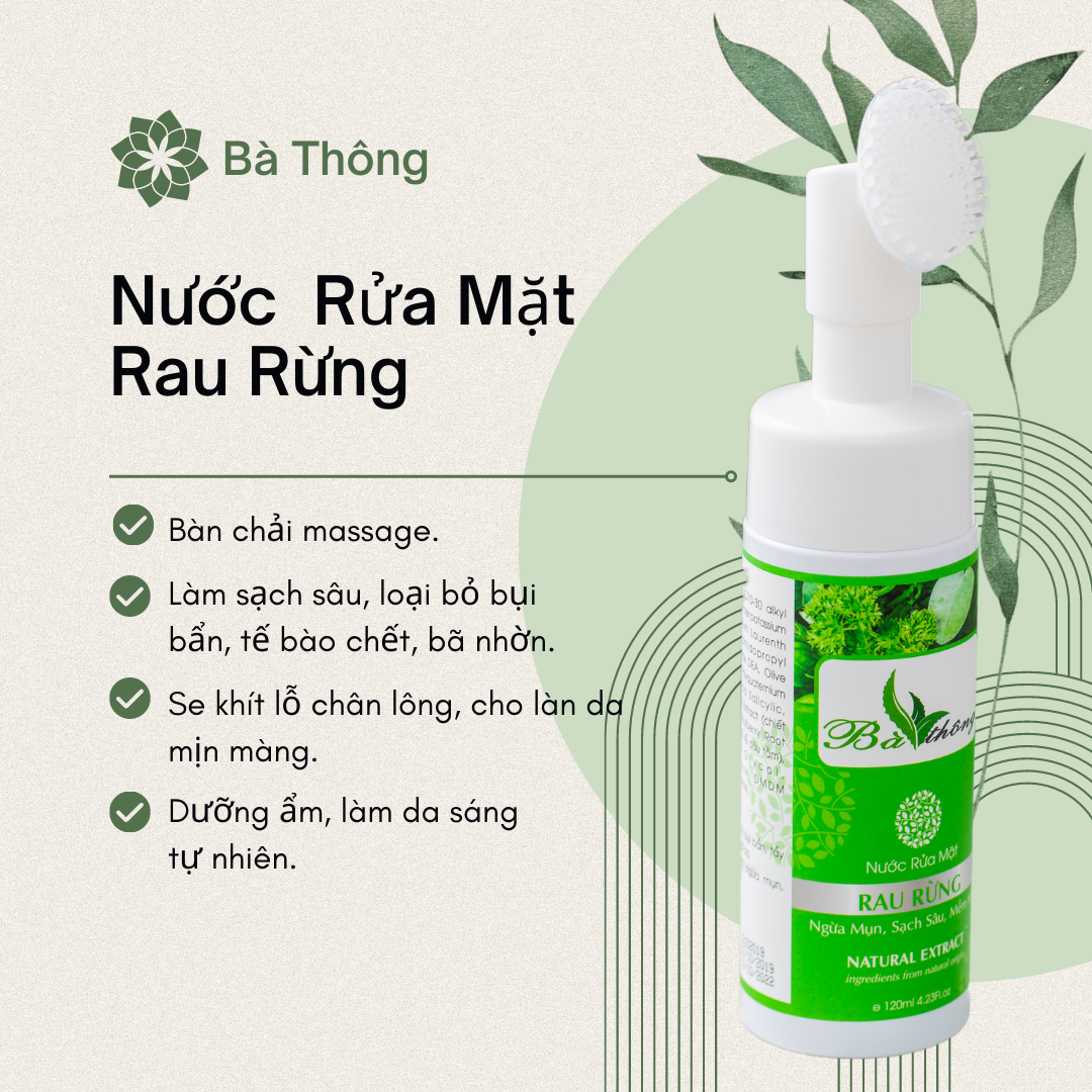 Sữa rửa mặt cho da mụn, da dầu mụn Rau rừng Bà Thông thiên nhiên 120ml đầu cọ mềm
