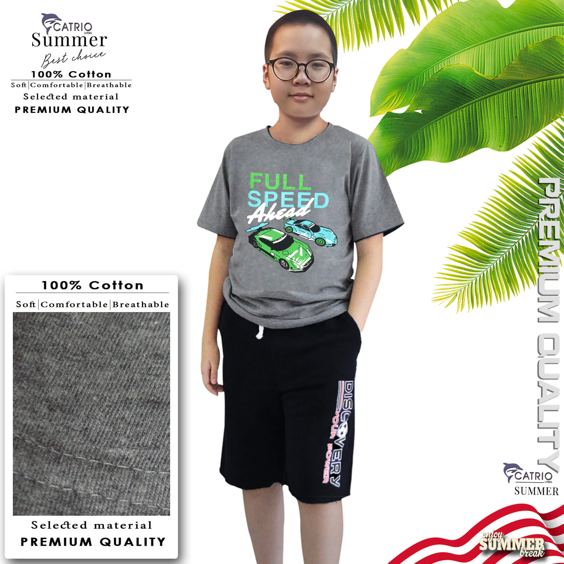 ÁO PHÔNG BÉ TRAI NGẮN TAY CATRIO là áo thun trẻ em tay ngắn từ 5 tuổi đến 12 tuổi vải 100% Cotton in FULL SPEED thuộc BST quần áo trẻ em mùa hè CATRIO màu XÁM