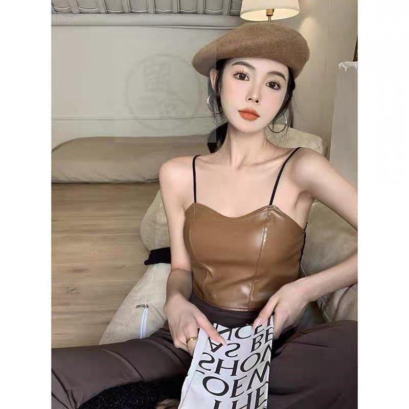 M33. Áo 2 dây da croptop chun lưng sẵn đệm ngực cá tính, áo nữ kiểu croptop da sang chảnh 2023
