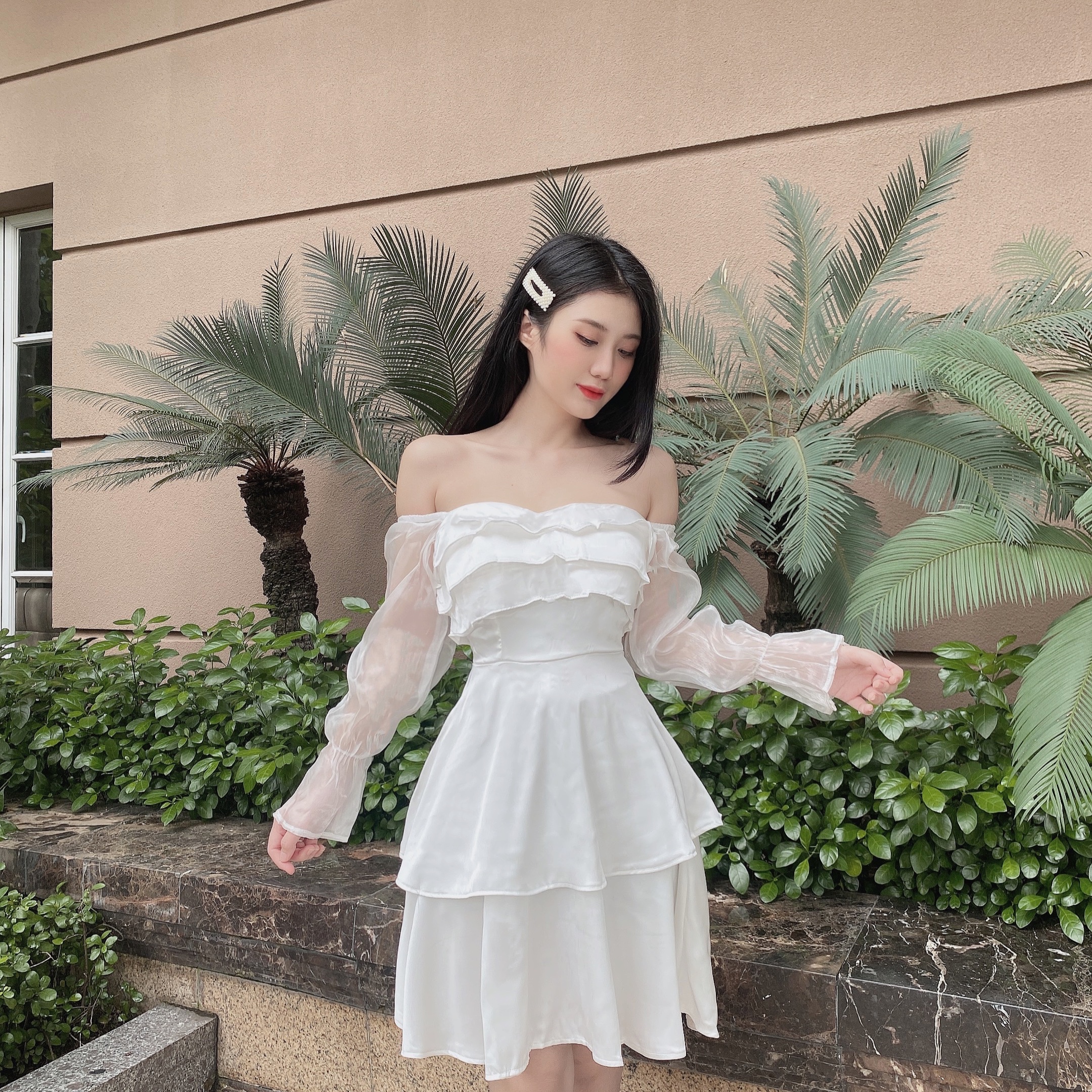 Váy đầm nữ trắng dạo phố dự tiệc cực xinh vải xịn thiết kế may 2 lớp siêu dày dặn