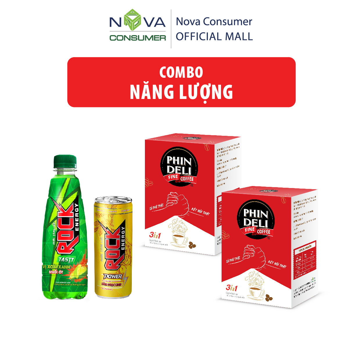 Combo Năng Lượng (Cà Phê Hòa Tan PhinDeli 3in1, Nước tăng lực Rock Energy Tasty, Nước tăng lực Rock Energy Power)