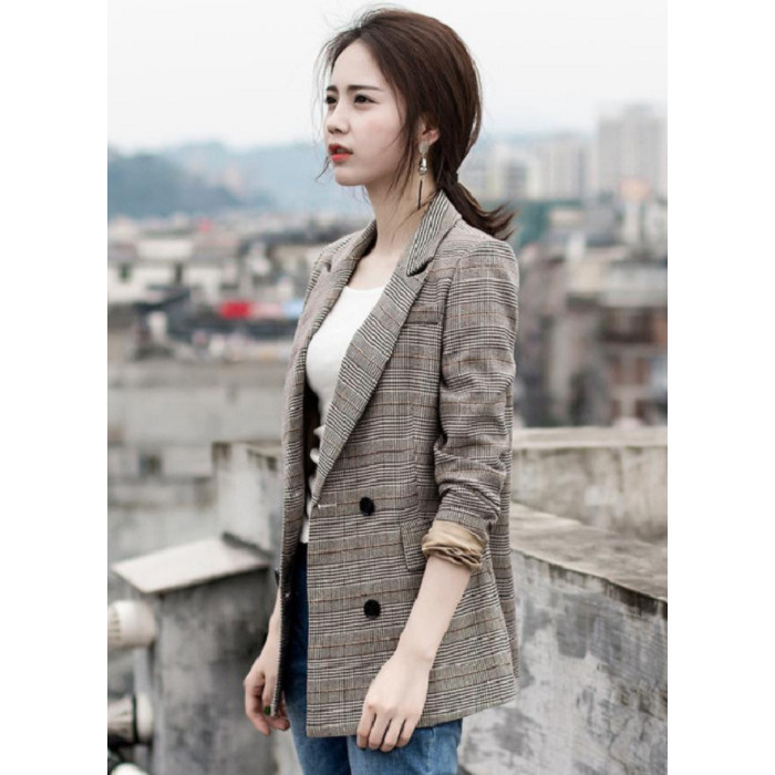 Áo vest blazer nữ kẻ caro linen dày dặn thời trang Hàn Quốc