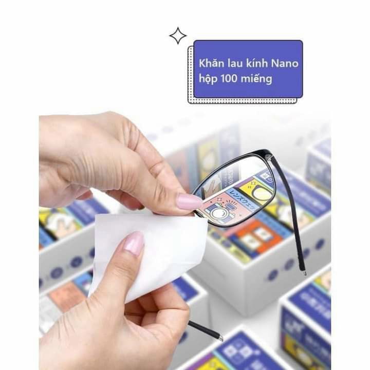 Khăn lau kính Lens anti fogging wipes /chống bám hơi nước, mờ sương, sạch bụi bẩn và dấu vân tay, Công nghệ Nano Nhật Bản - Hộp 100 Miếng,khăn giấy Lau Mắt Kính Giày Xe