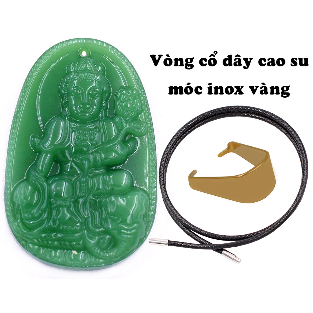 Mặt Phật Phổ hiền thạch anh xanh lá 5 cm kèm móc và vòng cổ dây cao su, Mặt Phật bản mệnh size L, mặt dây chuyền Phật