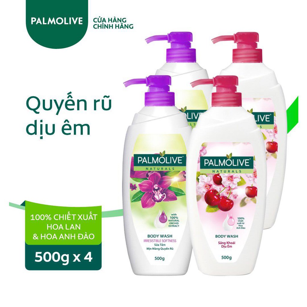 Bộ 4 Sữa tắm Palmolive Naturals chiết xuất 100% thiên nhiên 500g chiết xuất từ hoa anh đào và phong lan