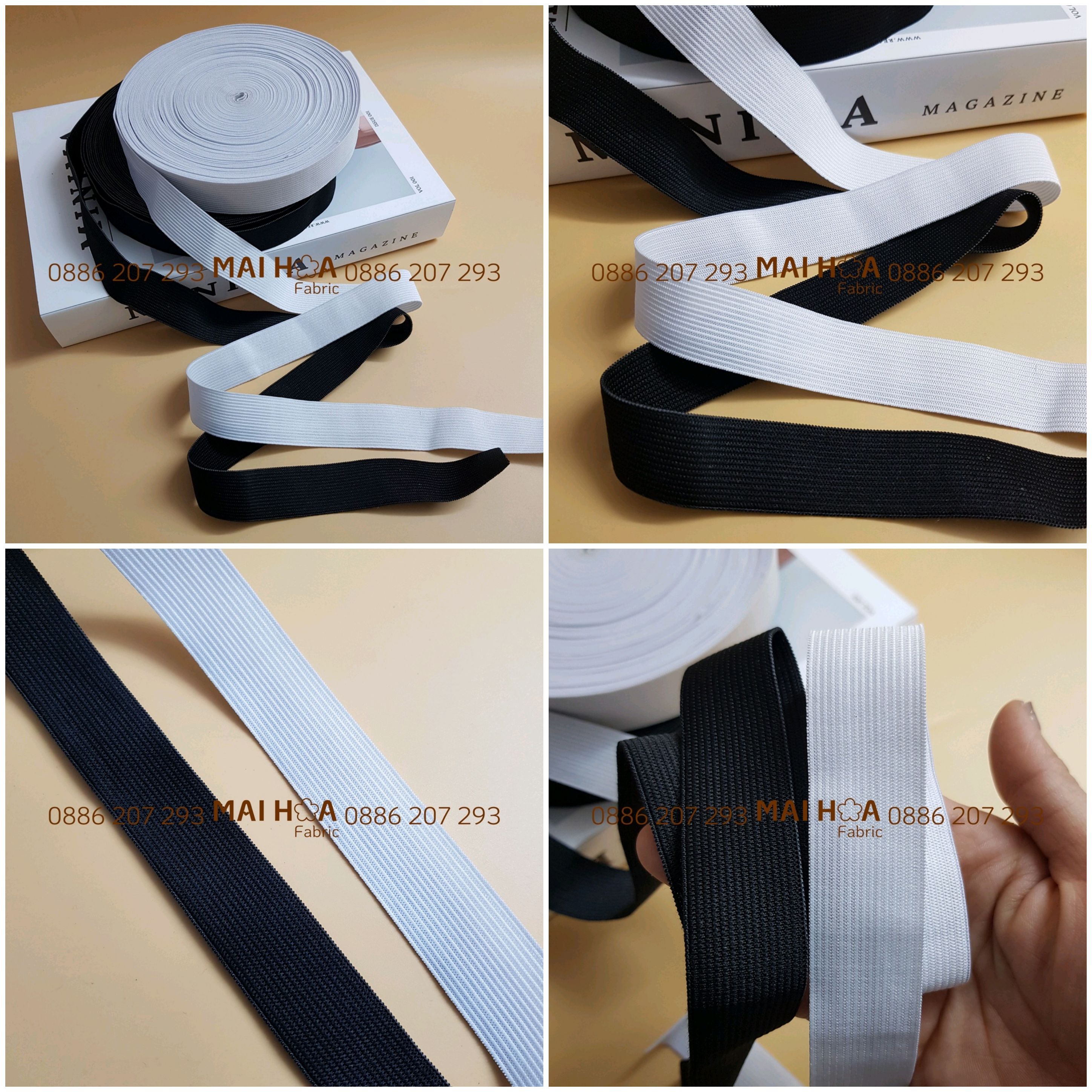 20 mét thun co giãn tốt dây chun may áo quần MaiHoa Fabric nhiều kích cỡ sẵn màu trắng và đen