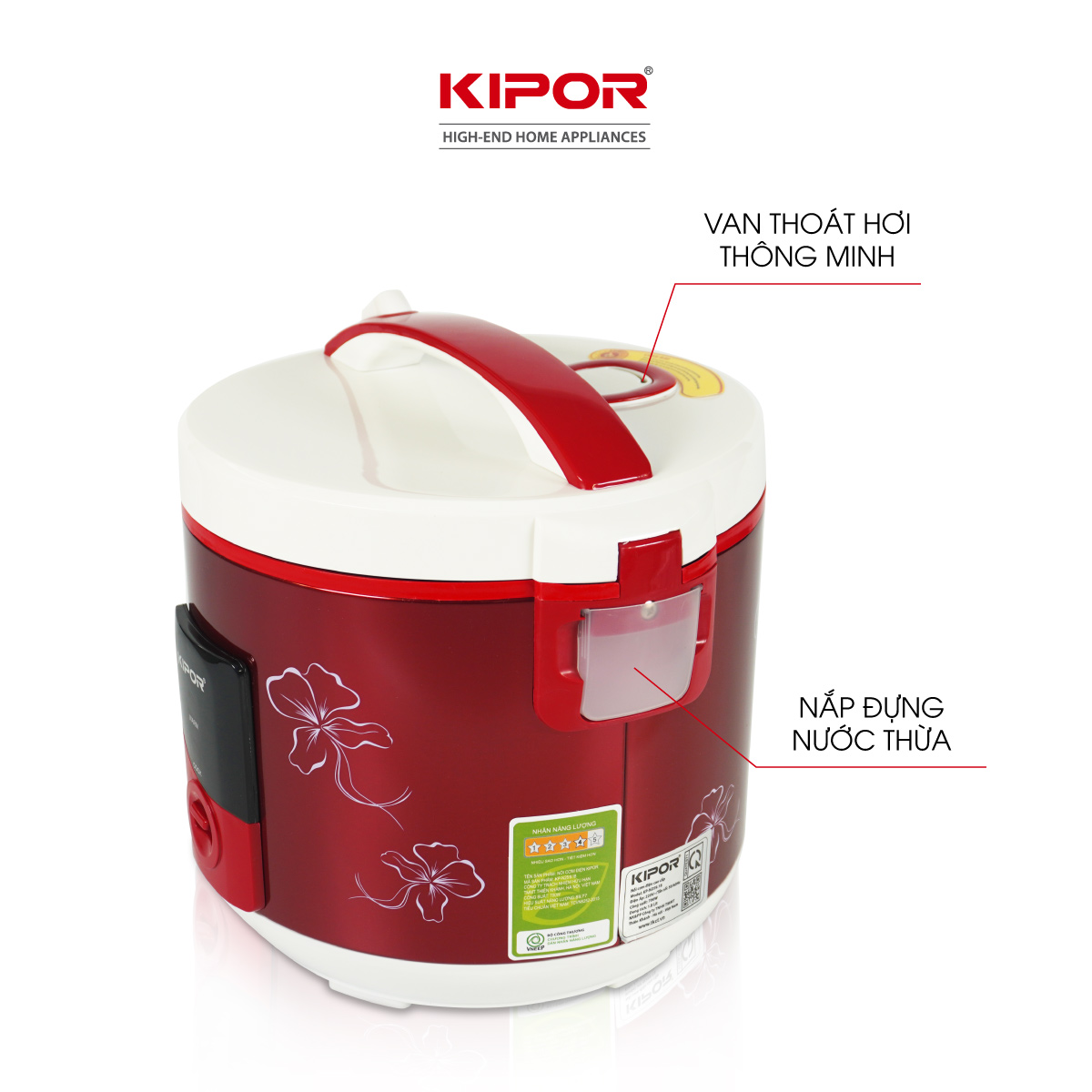 Nồi cơm điện KIPOR KP-25918 - 1.8L - Phủ chống dính HOÀNG KIM, Nồi cơm có tặng kèm vỉ hấp - phù hợp 4-6 người ăn - Hàng chính hãng