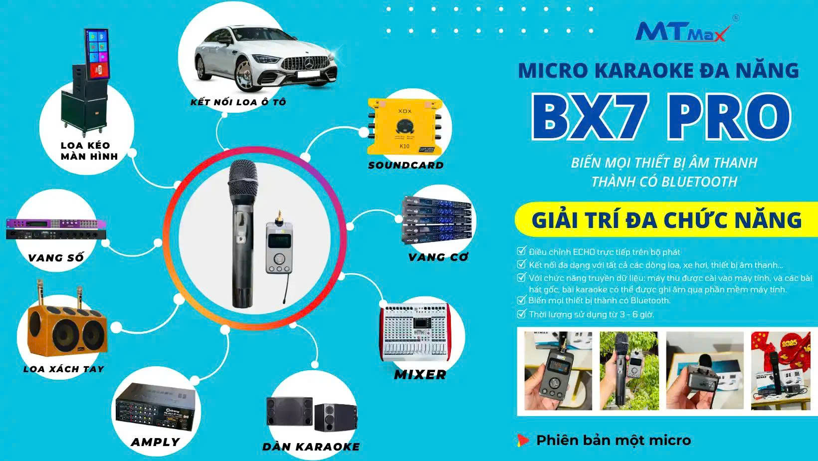Micro Karaoke MTMAX BX7 Pro Không Dây Đa Năng - Chuyên Dụng Cho Loa Di Động, Xe Ôtô, Loa Kéo, Amply Kết Nối Tới 10M, Đầu Thu Tích Hợp Bluetooth Biến Loa, Amply Cũ Thành Thiết Bị Bluetooth Thông Minh. hàng nhập khẩu