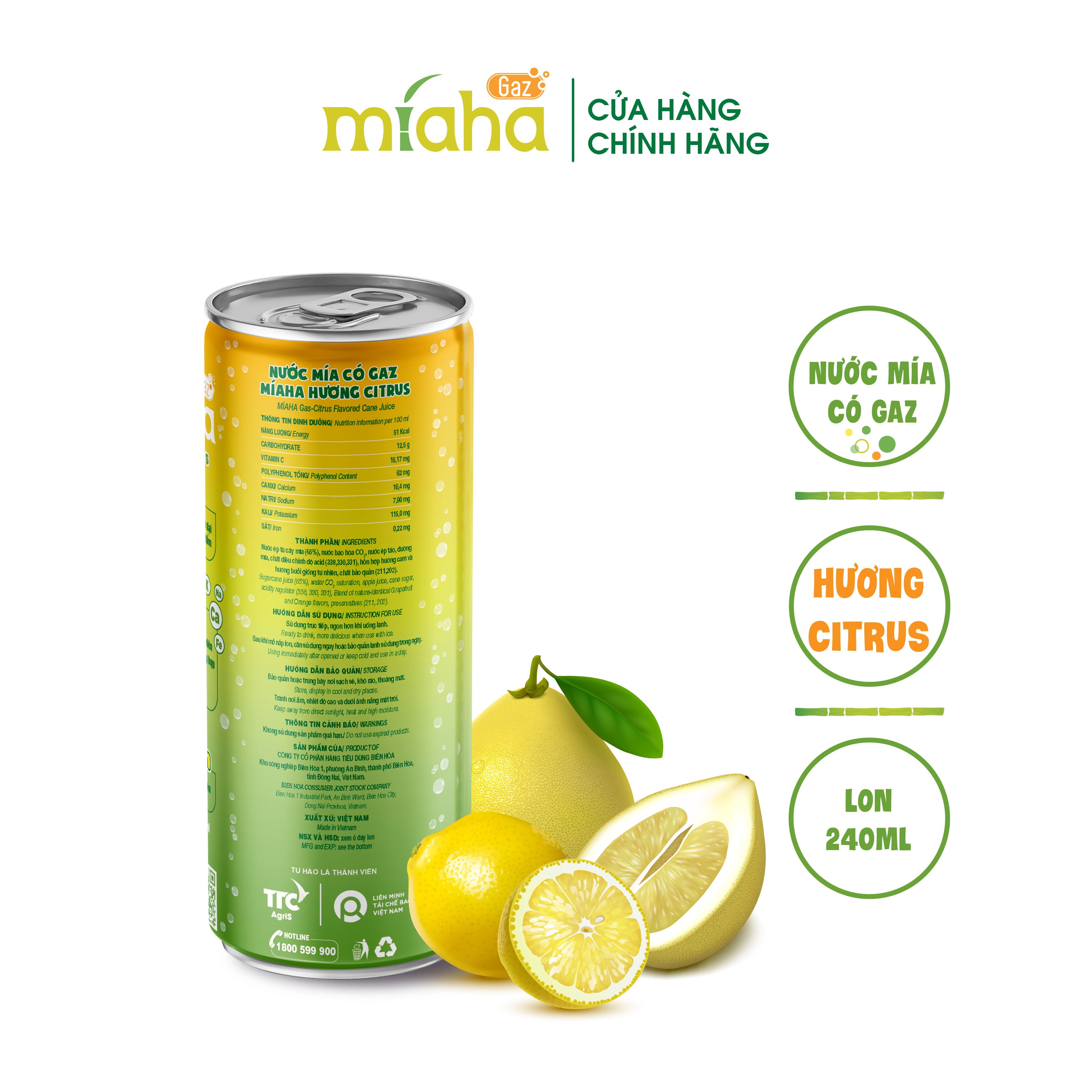 Nước mía có gaz MÍA-HA GAZ hương Citrus 240ml/Lon