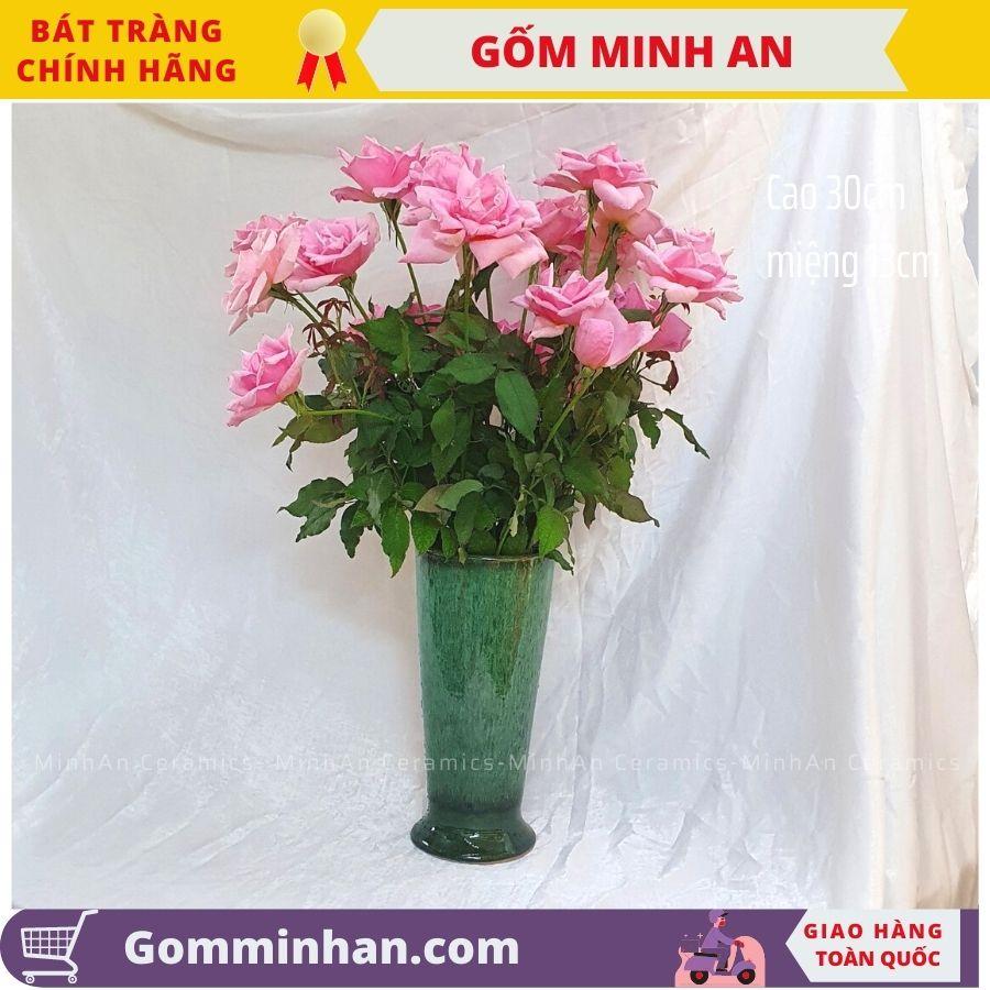 Bình Hoa Lọ Hoa Màu Xanh Dáng Cao Miệng Rộng Men Hỏa Biến Xanh Ngọc- Gốm Sứ Bát Tràng- Gốm Minh An