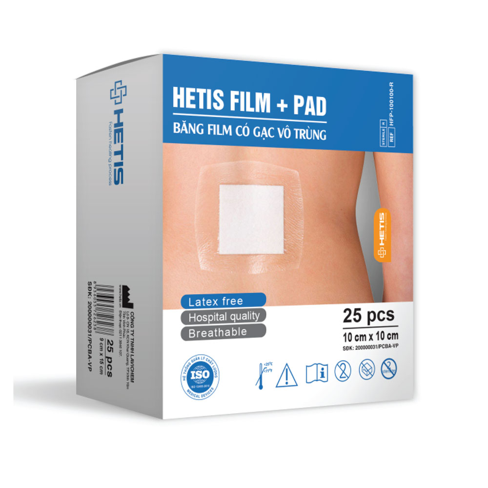 Hộp 25 miếng băng dán vết thương chống thấm nước HETIS FILM PAD băng film trong suốt có gạc vô trùng - 90x250mm