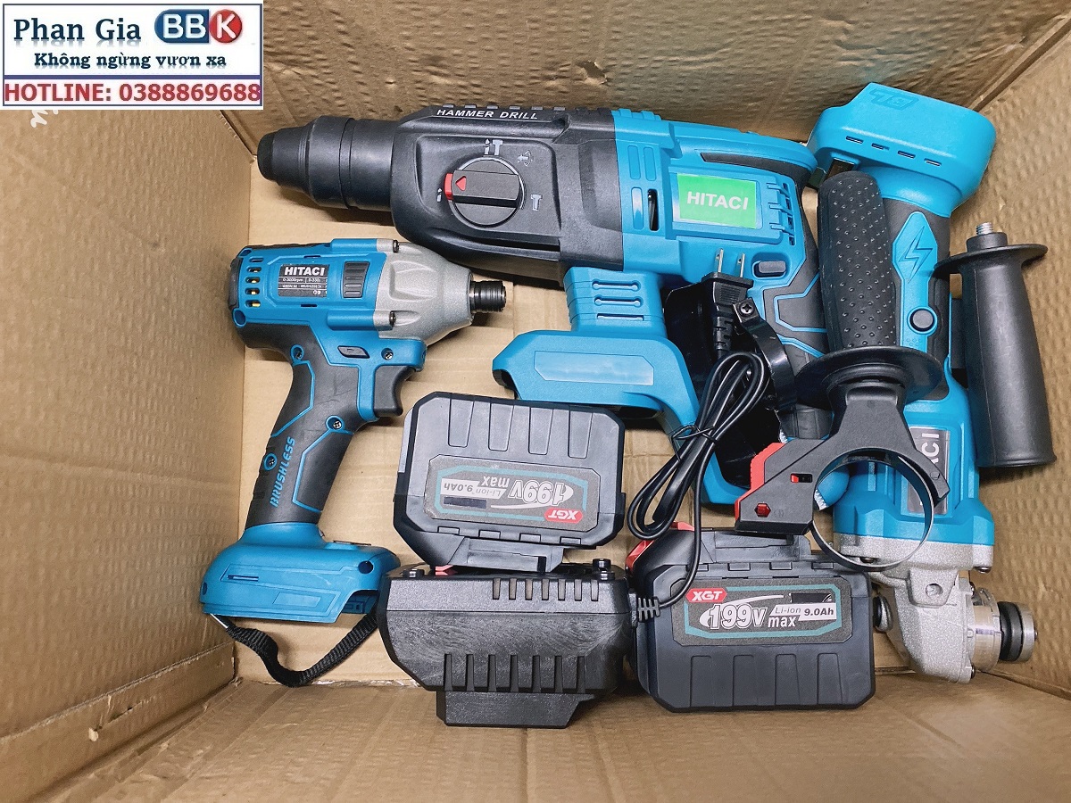Bộ Combo 3 Máy Gồm Máy Khoan Đục Bê Tông, Máy Mài Và Máy Chuyên Vít Dùng Pin 199V 15 Cell, Động Cơ Không Chổi Than, Máy Khoan Siêu Khỏe - Bảo Hành 1 Năm