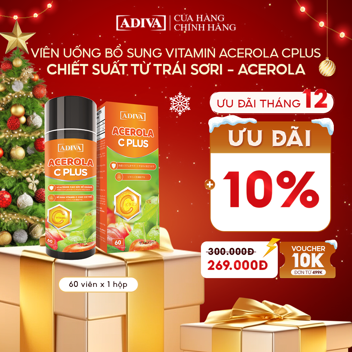 Viên Uống Bổ Sung Vitamin C ADIVA Acerola C Plus 60 Viên- Giúp Tăng Cường Sức Đề Kháng Cho Cơ Thể