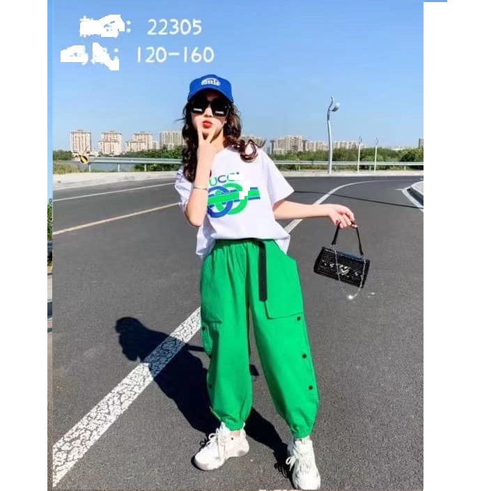 Bộ cộc tay bé gái size đại 6-14 tuổi quần dài in chữ CUCC, Đồ bộ hè cho bé vải cotton cao cấp thấm hút mồ hôI