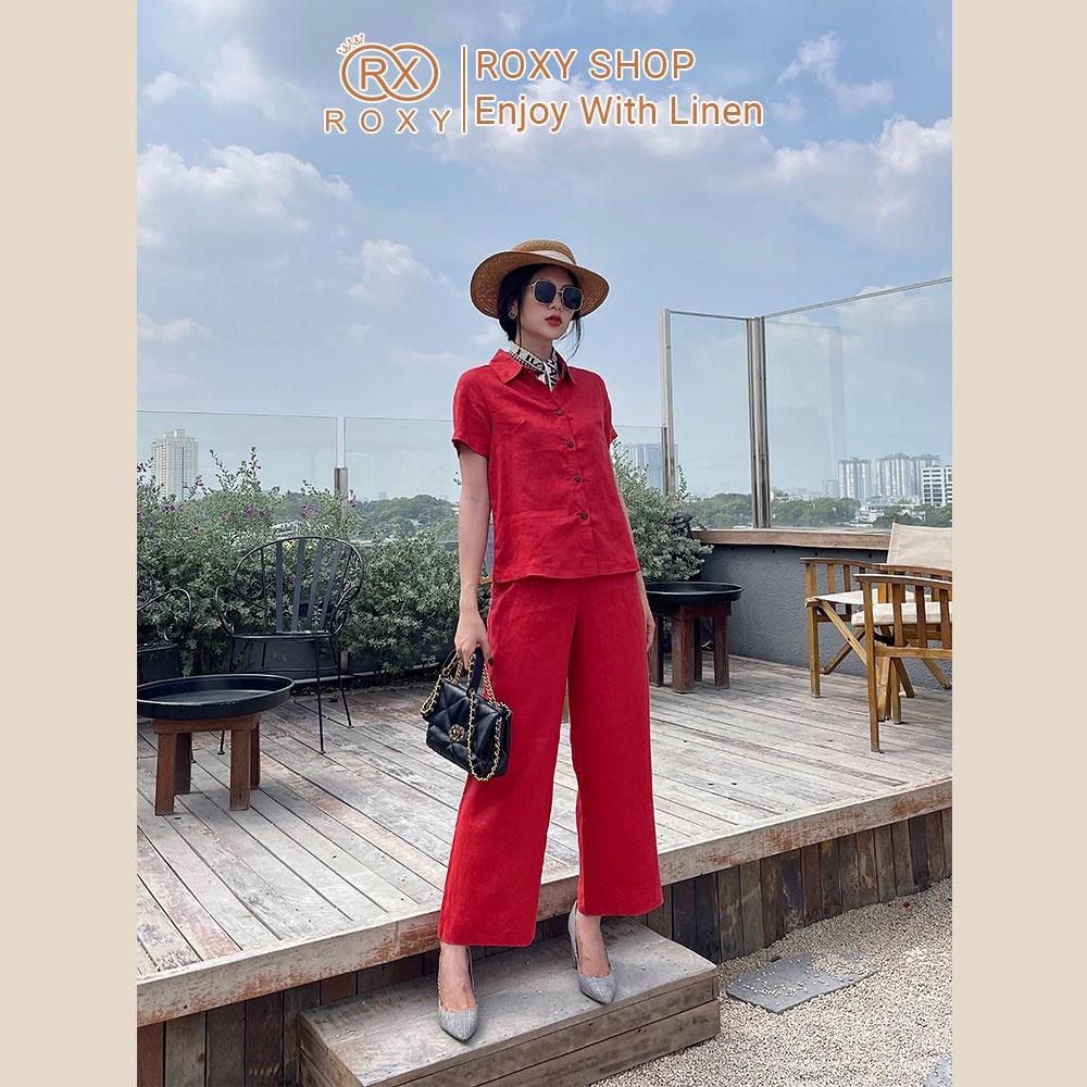 Set Áo Sơ Mi Tay Ngắn Linen Dáng Suông Kèm Quần Lưng Cao Thời Trang Cho Nữ 1