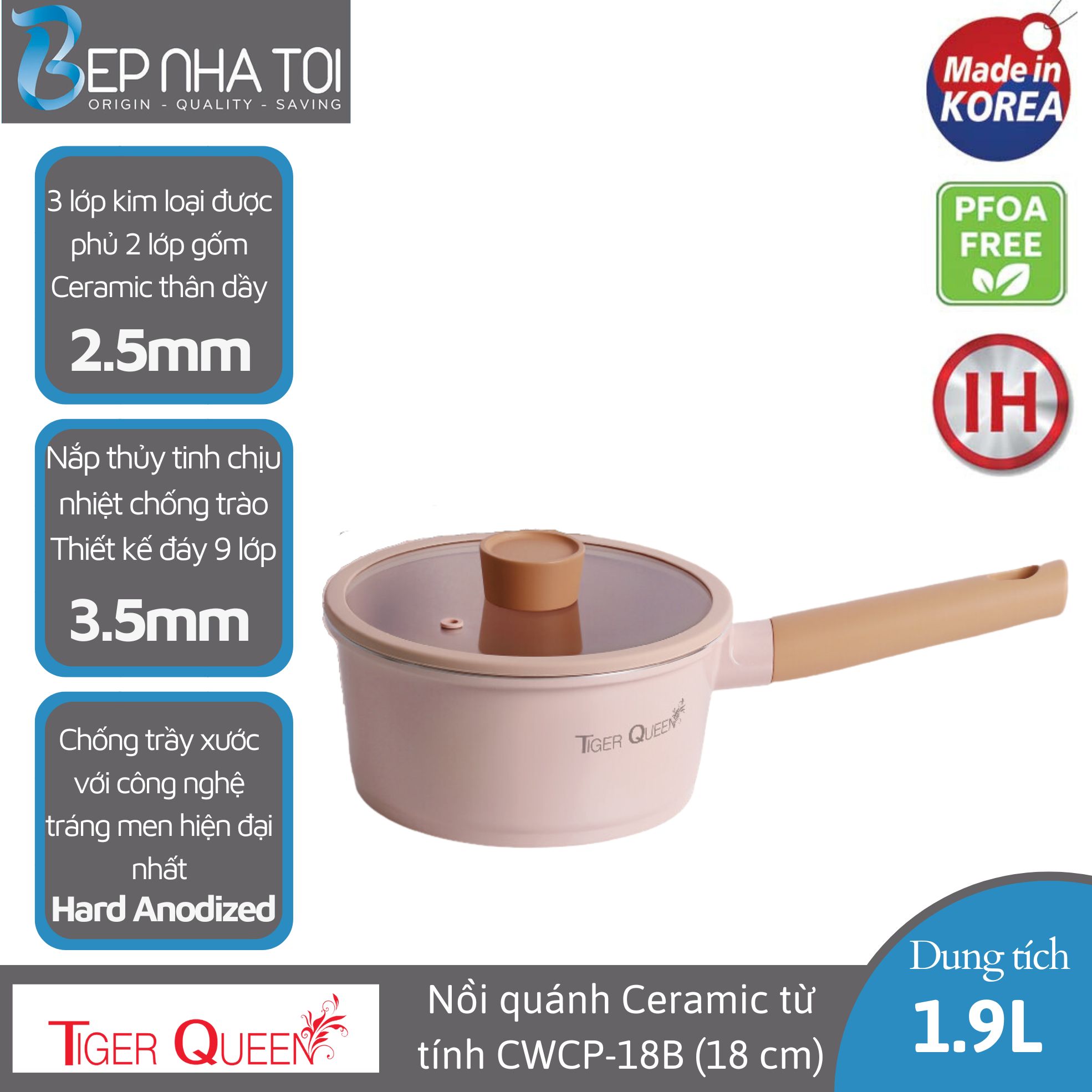 Nồi quánh Ceramic từ tính Tiger Queen CWCP-18B - Màu hồng hoa anh đào [18cm - 1.9L] - Chính hãng