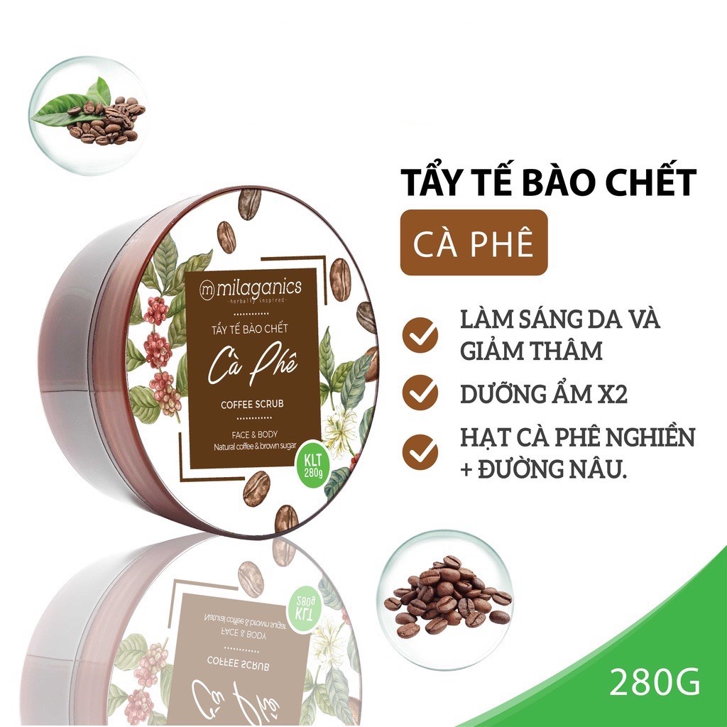 Scrub Tẩy Tế Bào Chết Cho Mặt &amp; Toàn Thân Từ Hạt Cà Phê Robusta &amp; Đường Nâu MILAGANICS 280gr (Hũ)