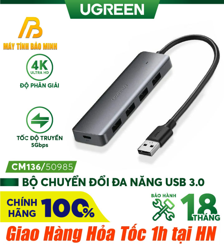 Bộ chia USB 1 ra 4 cổng USB 3.0 Ugreen 50985 (có cổng trợ nguồn Micro usb) - Hàng Chính Hãng