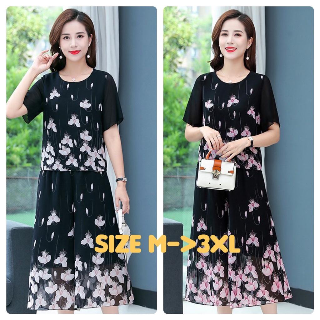 ️CÓ BIG SIZE️Đồ Bộ Trung Niên Vải Voan In Hoa Hai Lớp Trung Niên Đồ Bộ Nữ Trung Niên Set Đồ Cho Mẹ