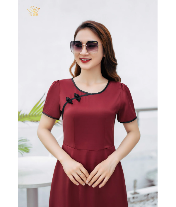 Maxi thời trang trung niên thiết kế Cổ tròn tay ngắn TTV Store TTV1177 Đỏ đô sang trọng