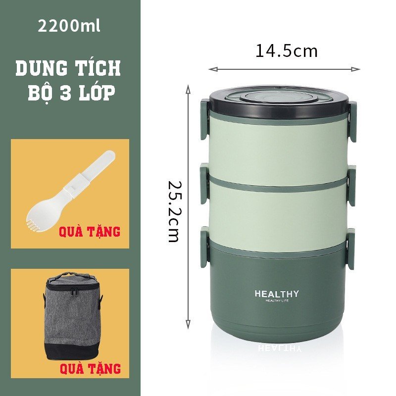 Hộp Đựng Cơm Giữ Nhiệt Healthy INOX 304 - Dung tích 1.6 - 2.2L Tặng kèm Muỗng + Túi giữ nhiệt