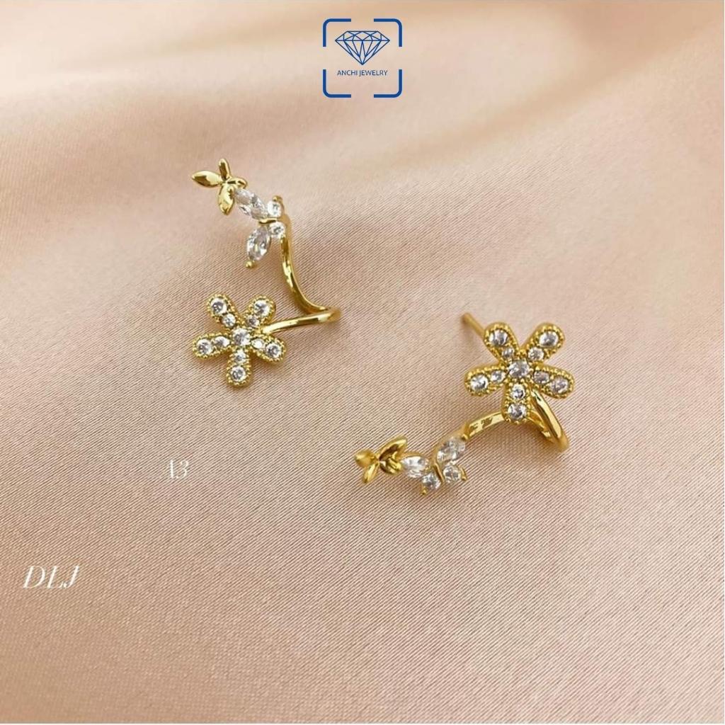 Bông tai ôm vành hình hoa và cánh bướm bạc xi vàng đính đá trẻ trung, Anchi jewelry