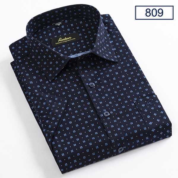 Áo Sơ Mi Nam Công Sở Trung Niên Thương Hiệu Anton Ngắn Tay Màu Xanh Tím Than Vải Cotton Họa Tiết Hoa Nhí X809 - 39