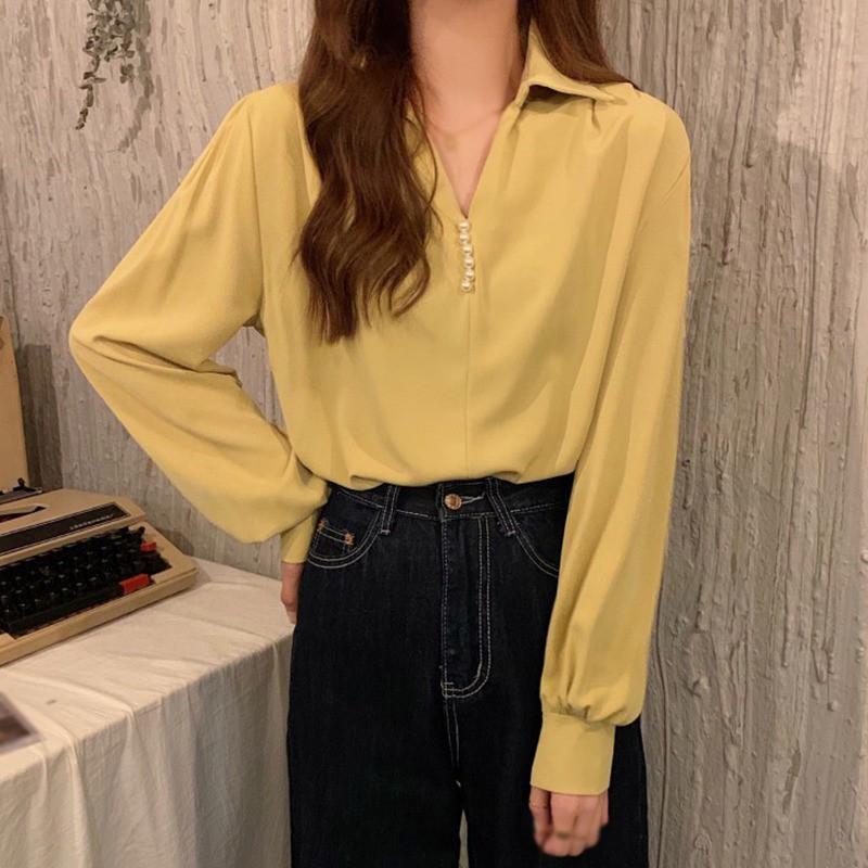 Áo Kiểu Tay Dài Cổ Chữ V Thiết Kế Màu Trơn Thanh Lịch Dành Cho Nữ