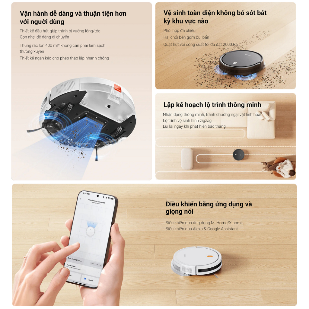 Robot Hút Bụi Lau Nhà Xiaomi Vacuum E5 - Kết Nối App Điện Thoại Thuật Toán Thông Minh Cảm Biến Chống Rơi Rớt Lực Hút 2000 Pa - Hàng Chính Hãng
