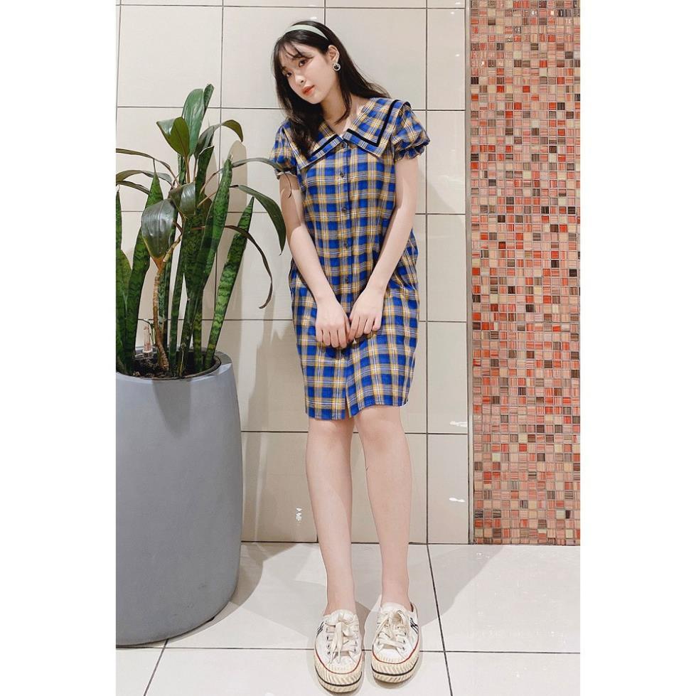 Đầm váy nữ 92WEAR đủ màu, đủ size, dáng suông ngắn tay kẻ caro viền lá cổ DXW0235 ! *