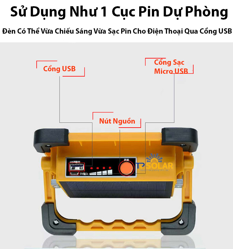 Đèn Pin Cầm Tay Đa Năng Năng Lượng Mặt Trời TP Solar 100W 150W Sạc Pin Cho Điện Thoại, Bảo Hành 3 Năm