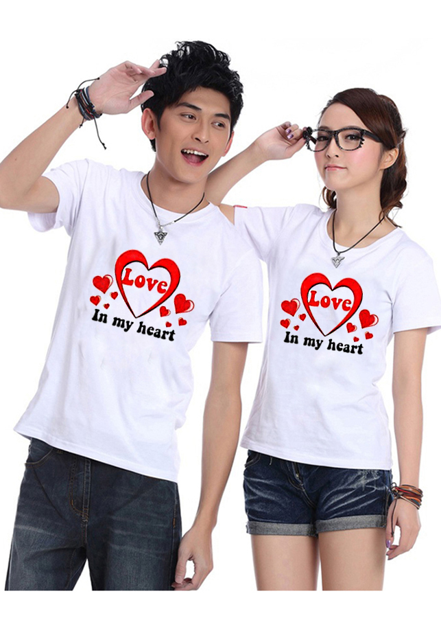 Bộ Áo Thun Đôi Nam Nữ Love In My Heart Màu Trắng