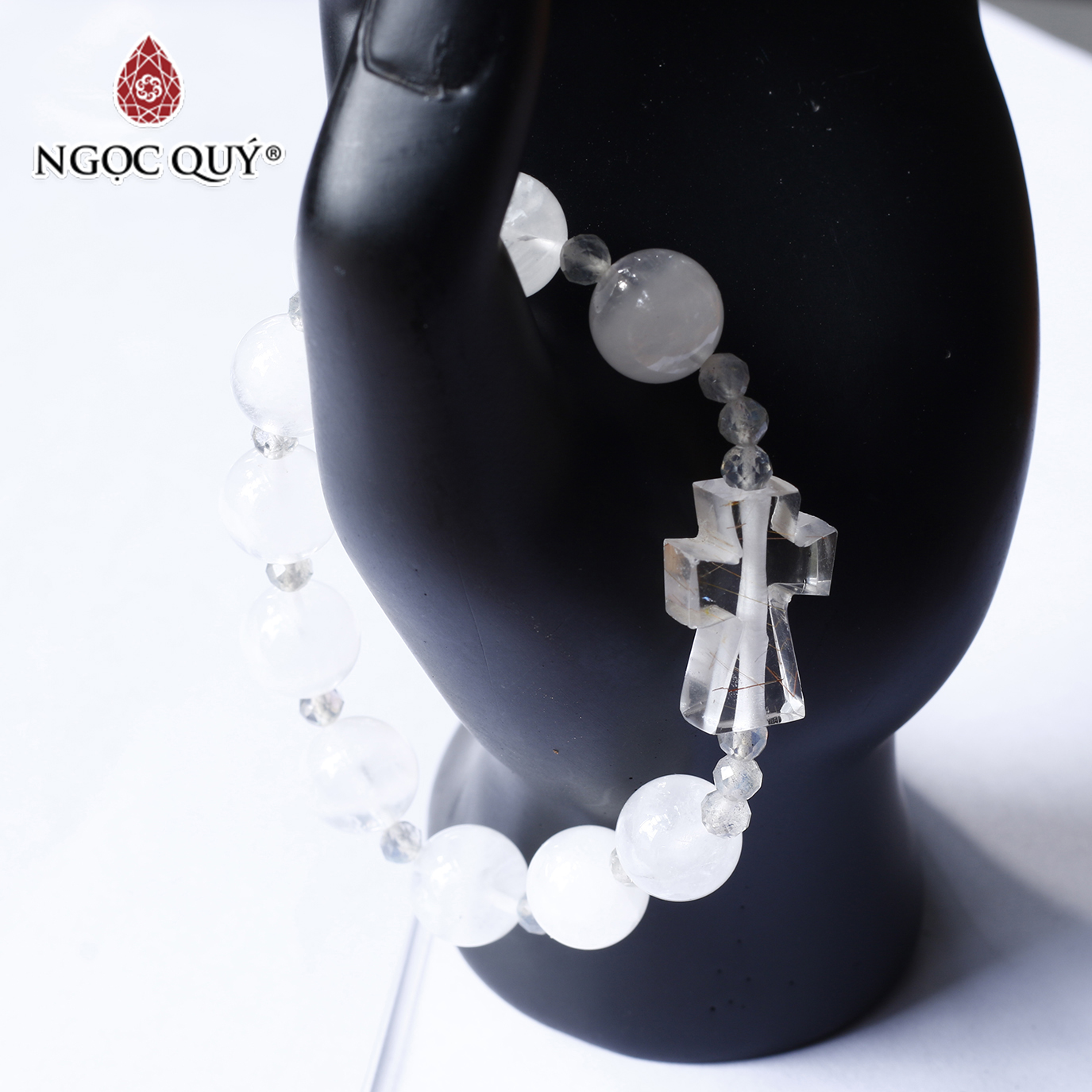 Vòng chuỗi mân côi thạch anh ưu linh trắng mix thánh giá - Ngọc Quý Gemstones