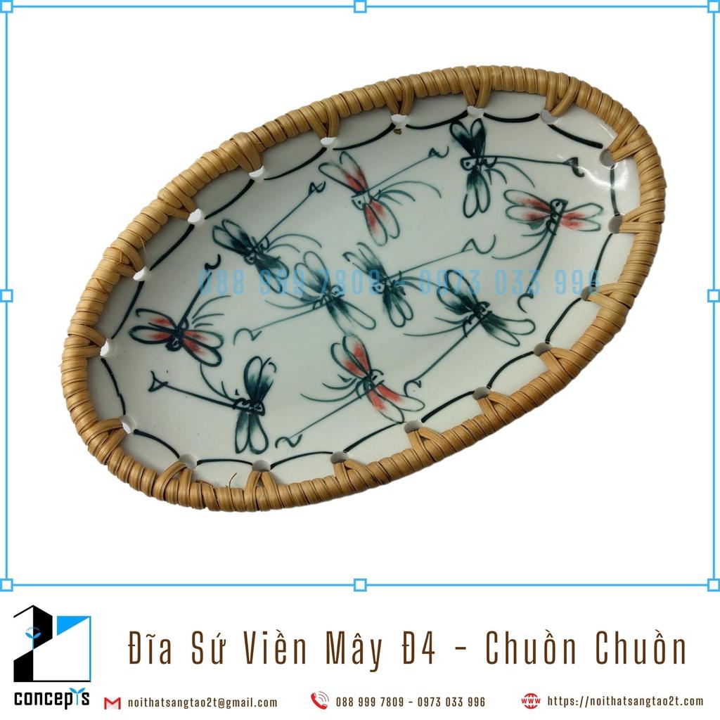 Đĩa Sứ Viền Mây Tre Đan Trang Trí Decor Bàn Ăn Hàng Xuất Khẩu
