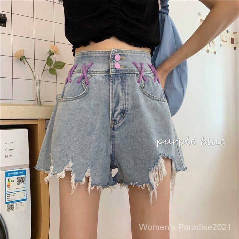 Quần short denim lưng cao ống rộng màu sắc độc đáo thời trang mùa hè cho nữ